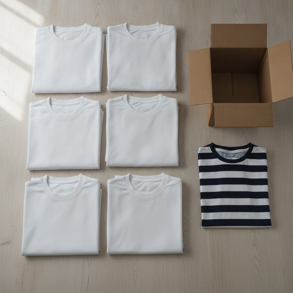 Mustersatz: sechs unbedruckte Trikots, Versandkarton und ein bedrucktes Trikot als Musterdruck