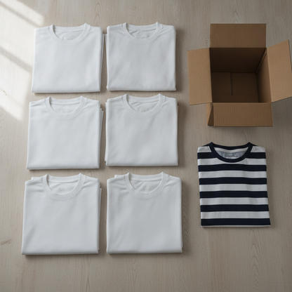 Mustersatz: sechs unbedruckte Trikots, Versandkarton und ein bedrucktes Trikot als Musterdruck